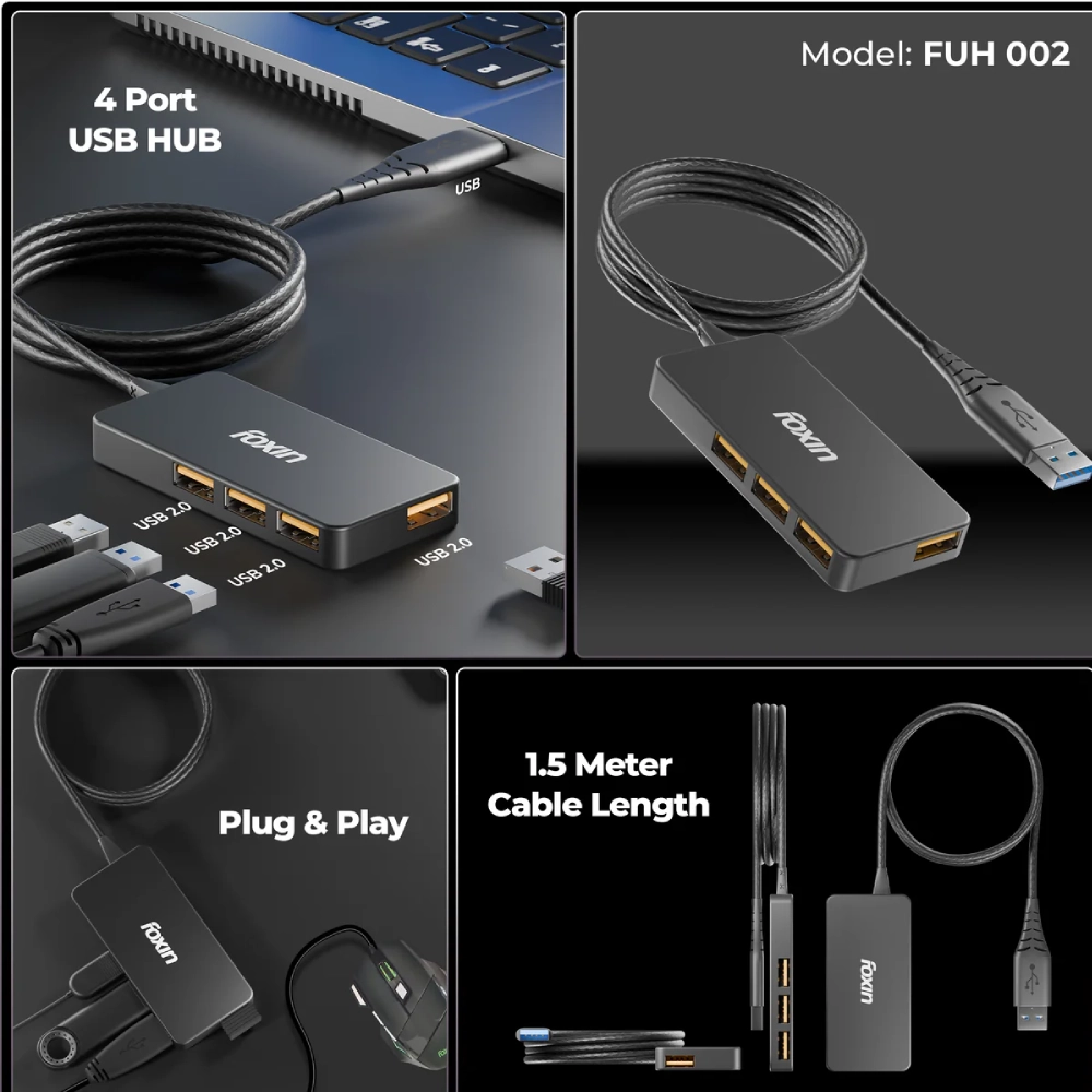 Foxin 4 Port USB Hub 2.0 with 1.5m Cable FUH 002 view 2